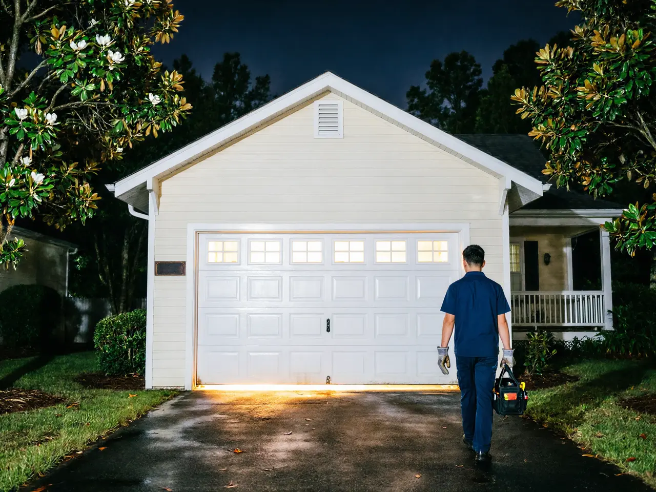 A technician walks toward a white garage door with windows at night.