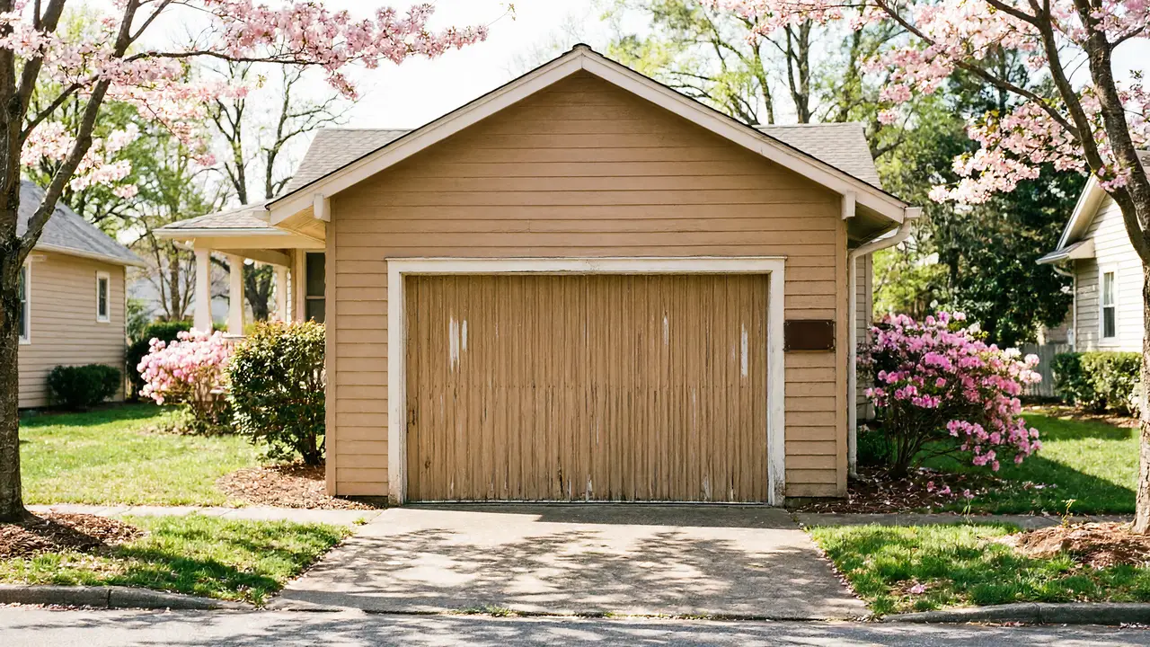 The garage has a worn wooden door and tan siding, surrounded by blooming trees.