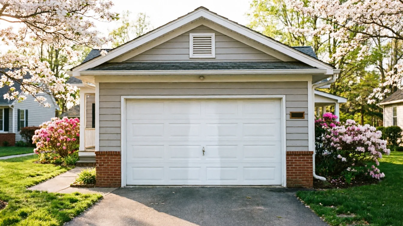 A white garage door is on a light gray house with flowering bushes.